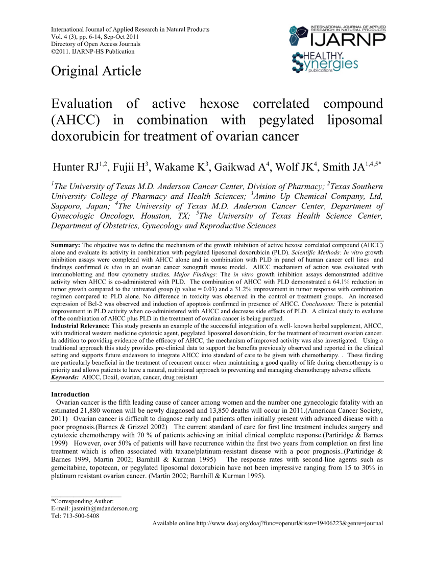 Pdf Evaluation Of Active Hexose Correlated Compound Ahcc In Combination With Pegylated Liposomal Doxorubicin For Treatment Of Ovarian Cancer