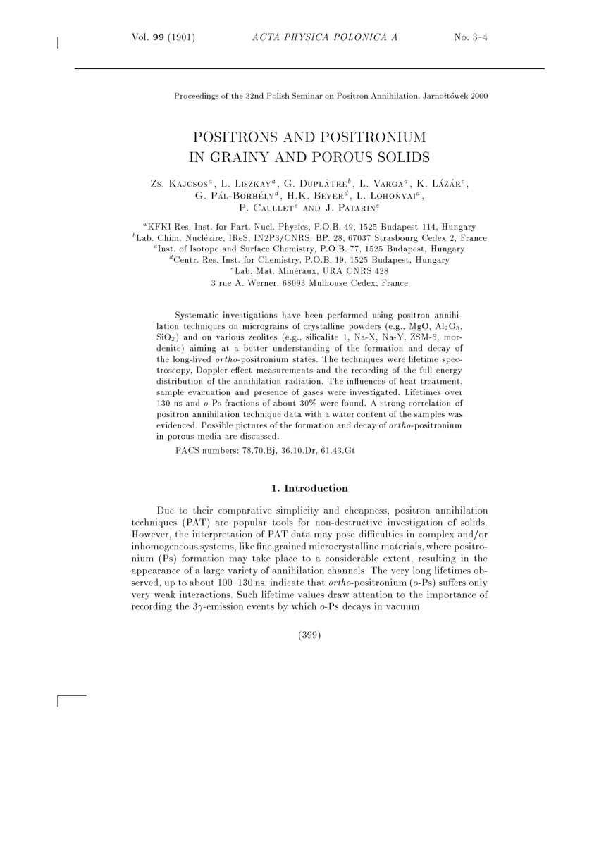 Pdf Positrons And Positroniu M In Grainy And Porous Solids