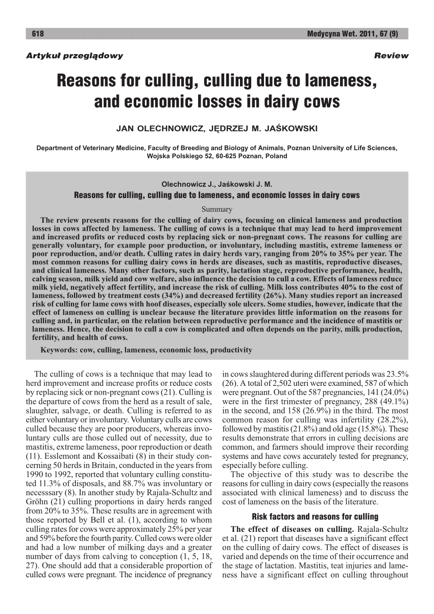 PDF) Reasons for culling, culling due to lameness,and economic losses in  dairy cows