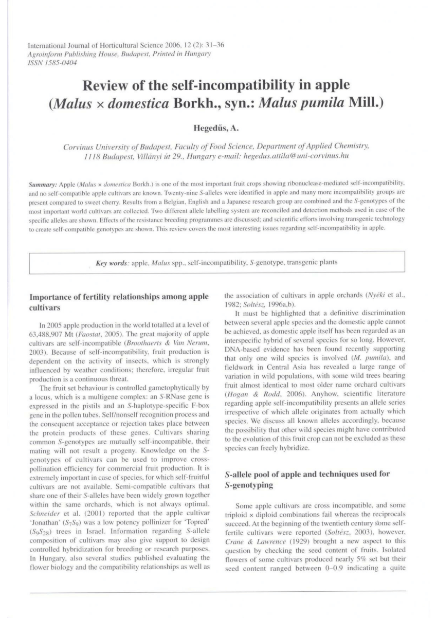 Pdf Review Of The Self Incompatibility In Apple Malus X Domestica Borkh Syn Malus Pumila Mill