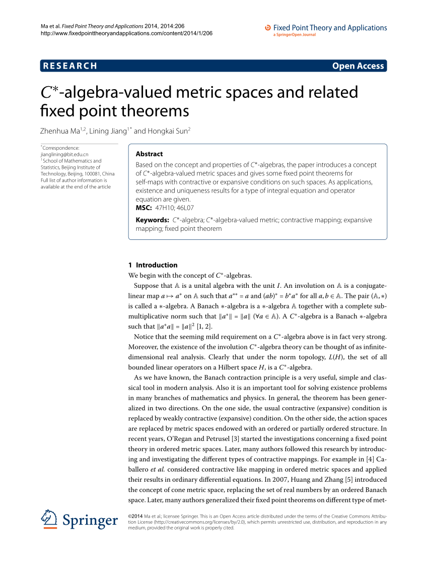 PDF) C∗-algebra-valued metric spaces and related fixed point theorems