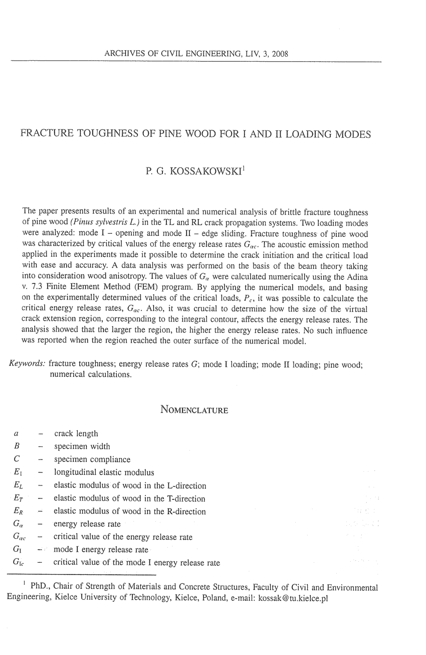 Pdf Fracture Toughness Of Pine Wood For I And Ii Loading Modes