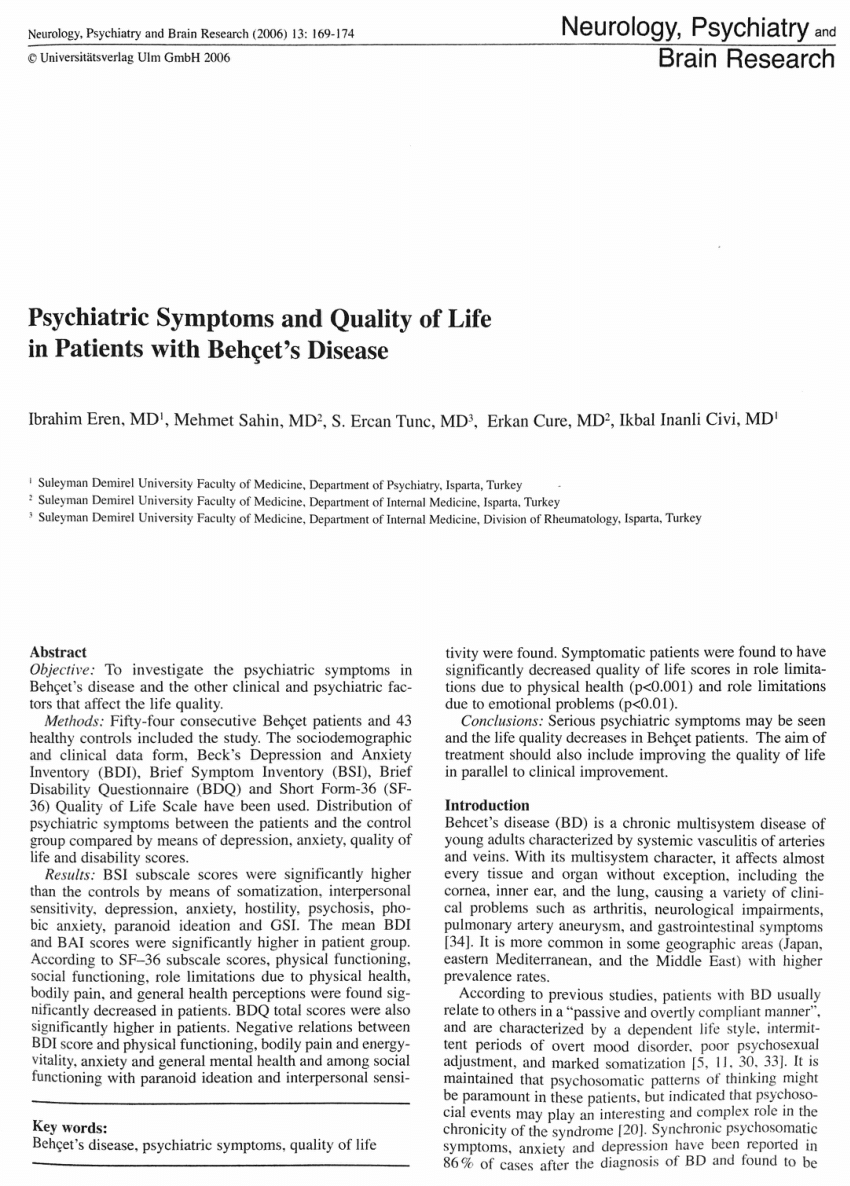 Pdf Psychiatric Symptoms And Quality Of Life In Patients With Behcet S Disease