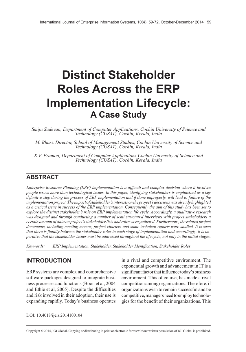 Pdf) Distinct Stakeholder Roles Across The Erp Implementation Lifecycle: A  Case Study