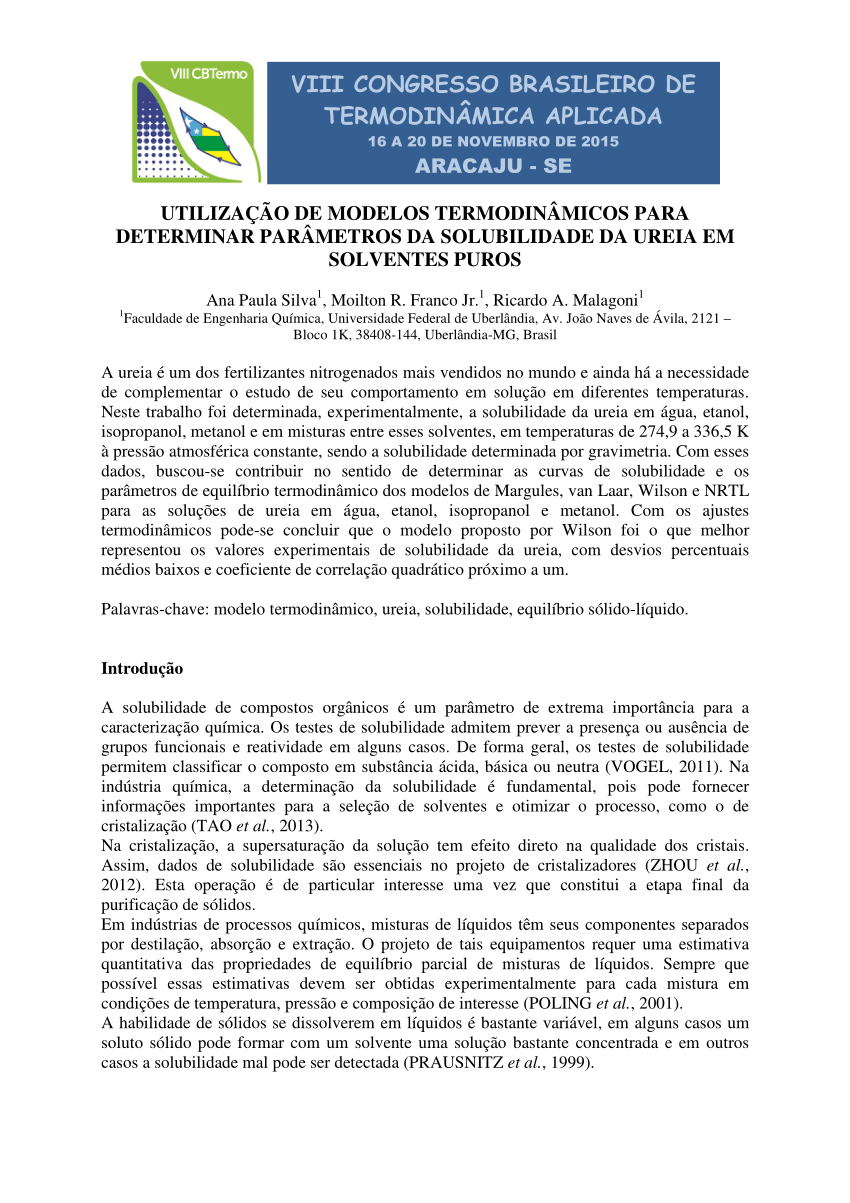 PDF) UTILIZAÇÃO DE MODELOS TERMODINÂMICOS PARA DETERMINAR PARÂMETROS DA  SOLUBILIDADE DA UREIA EM SOLVENTES PUROS