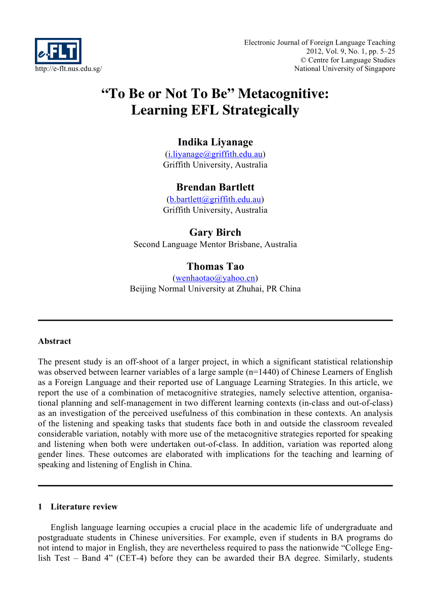 PDF) "To or not to be" metacognitive: Learning EFL strategically