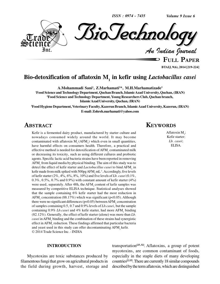 Pdf Bio Detoxification Of Aflatoxin M1 In Kefir Using Lactobacillus Casei