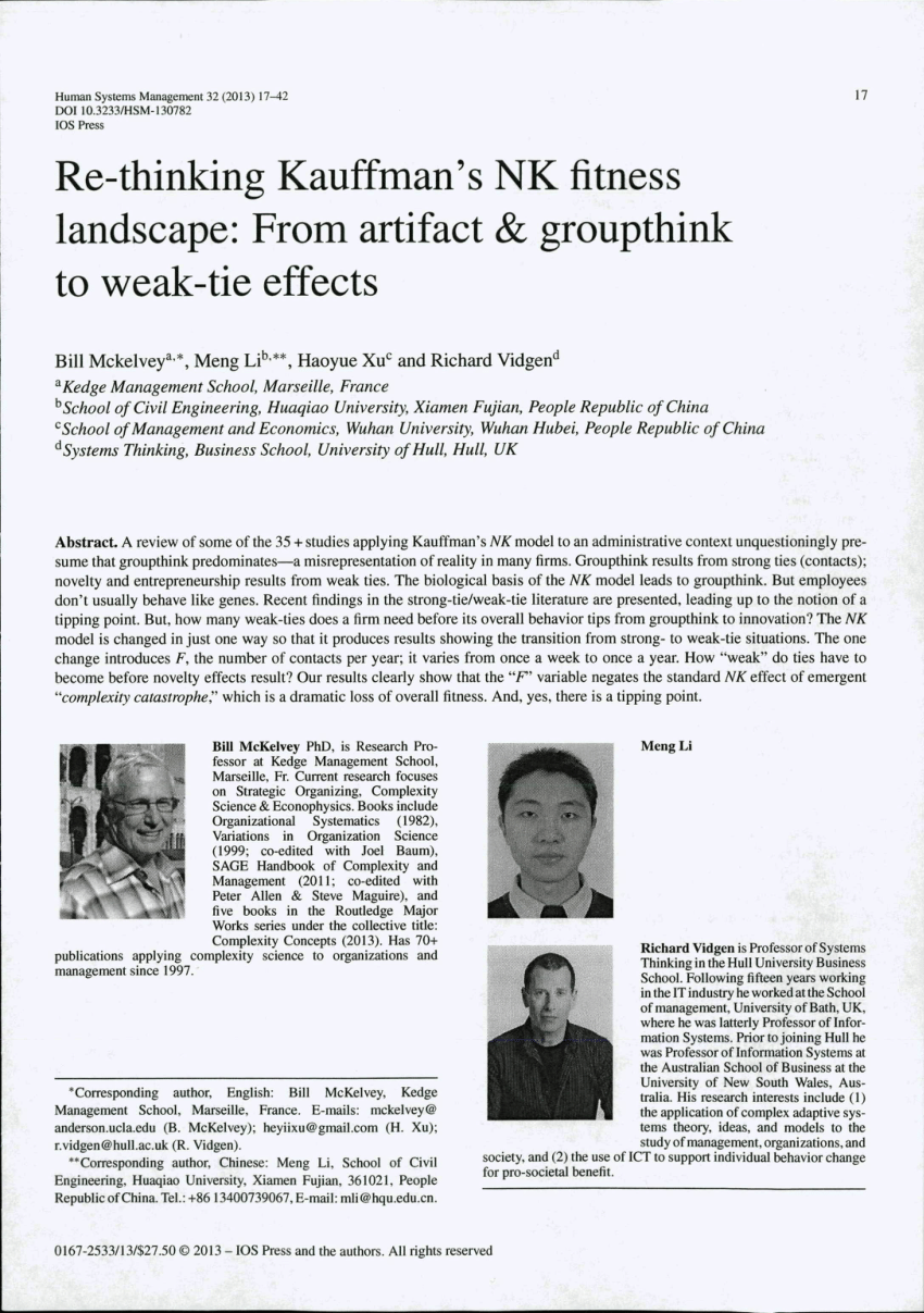 Pdf Re Thinking Kauffman S Nk Fitness Landscape From Artifact Groupthink To Weak Tie Effects