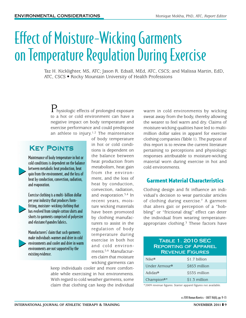 PDF) Effect of Moisture-Wicking Garments on Temperature Regulation During  Exercise