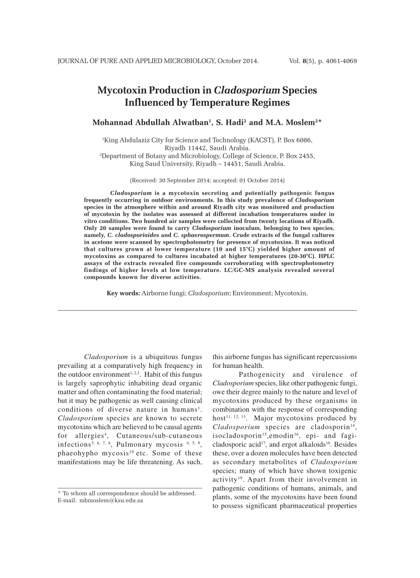 (PDF) Mycotoxin production in Cladosporium species influenced by ...