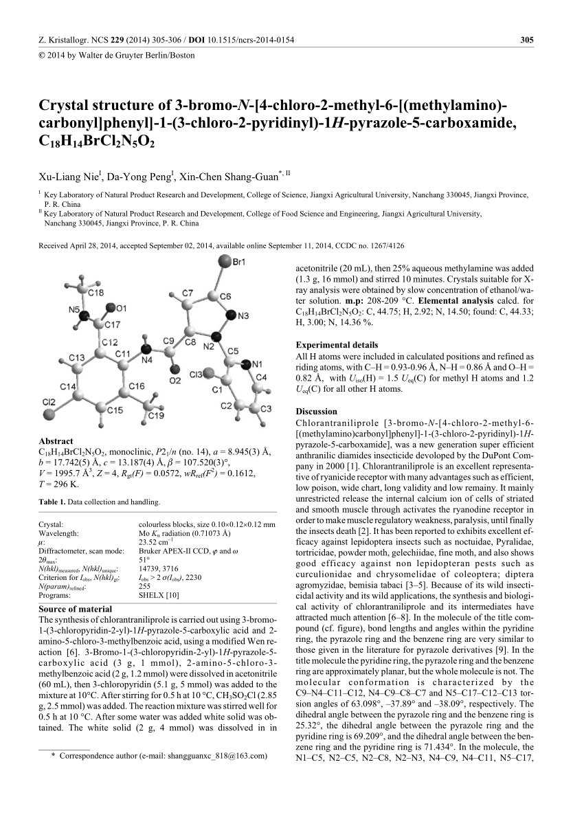 Pdf Crystal Structure Of 3 Bromo N 4 Chloro 2 Methyl 6 Methylamino Carbonyl Phenyl 1 3 Chloro 2 Pyridinyl 1h Pyrazole 5 Carboxamide C18h14brcl2n5o2