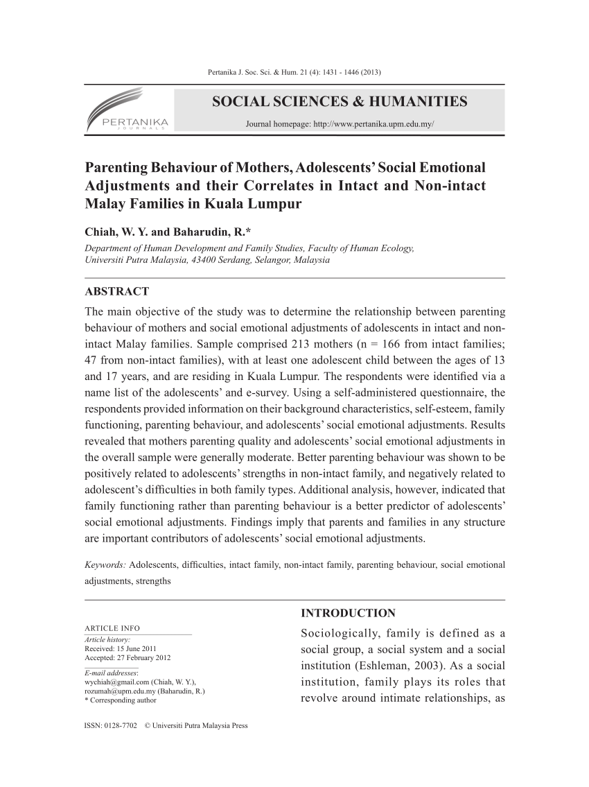 Pdf Parenting Behaviour Of Mothers Adolescents Social Emotional Adjustments And Their Correlates In Intact And Non Intact Malay Families In Kuala Lumpur