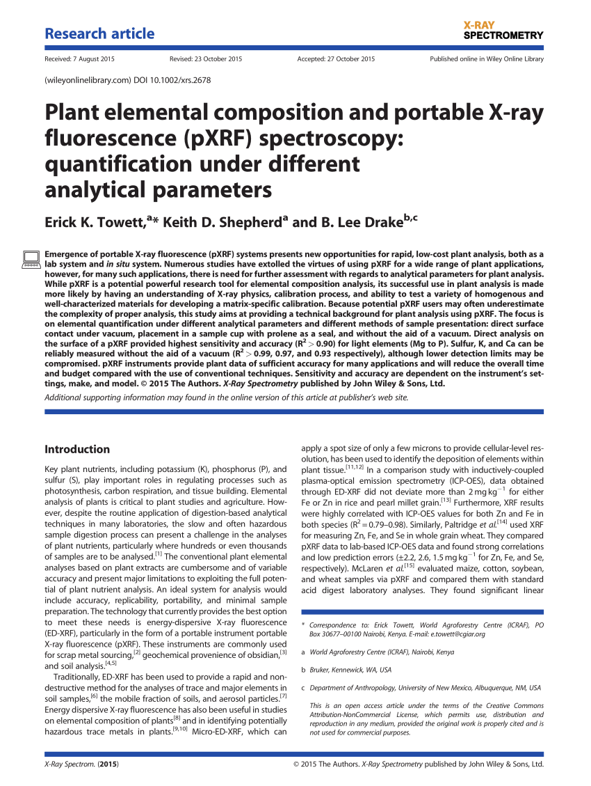 Pdf Plant Elemental Composition And Portable X Ray Fluorescence Pxrf Spectroscopy Quantification Under Different Analytical Parameters