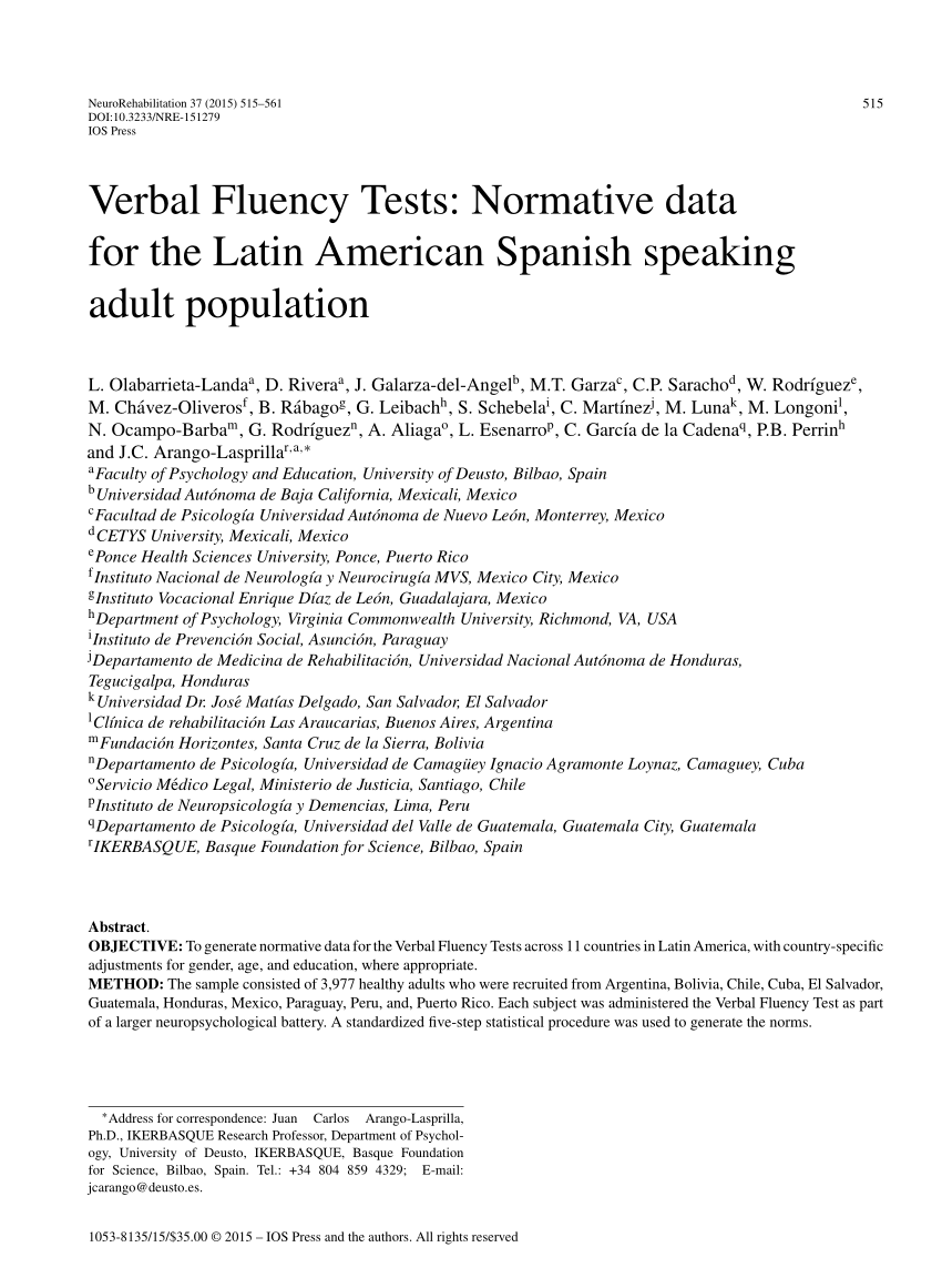 Pdf Verbal Fluency Tests Normative Data For The Latin American Spanish Speaking Adult Population