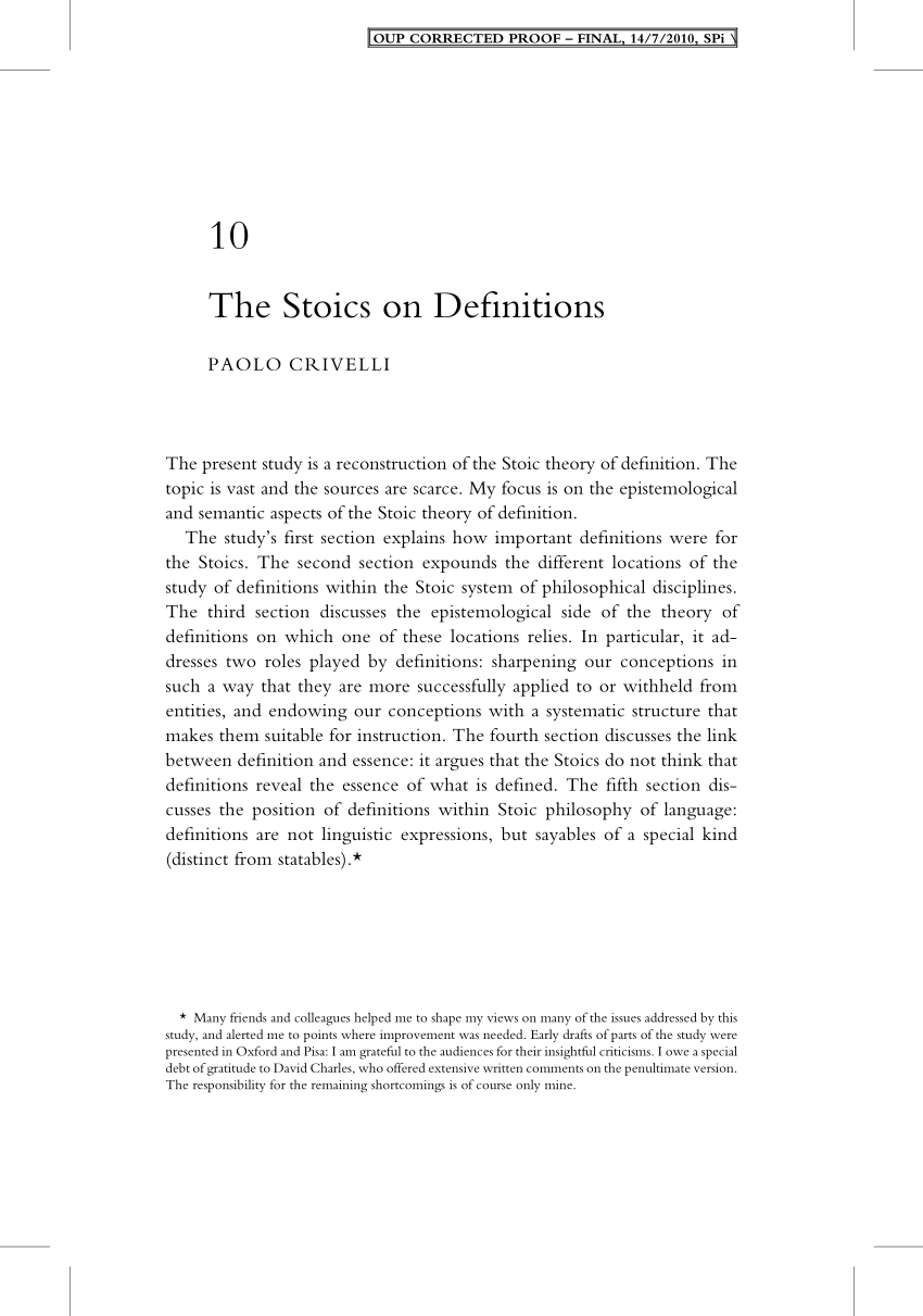 Pdf The Stoics On Definitions
