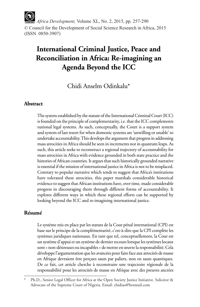 Pdf International Criminal Justice Peace And Reconciliation In Africa Re Imagining An Agenda Beyond The Icc