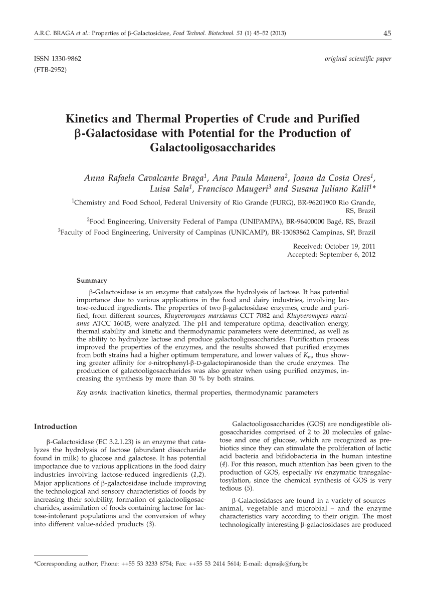 Pdf Kinetics And Thermal Properties Of Crude And Purified B Galactosidase With Potential For The Production Of Galactooligosaccharides