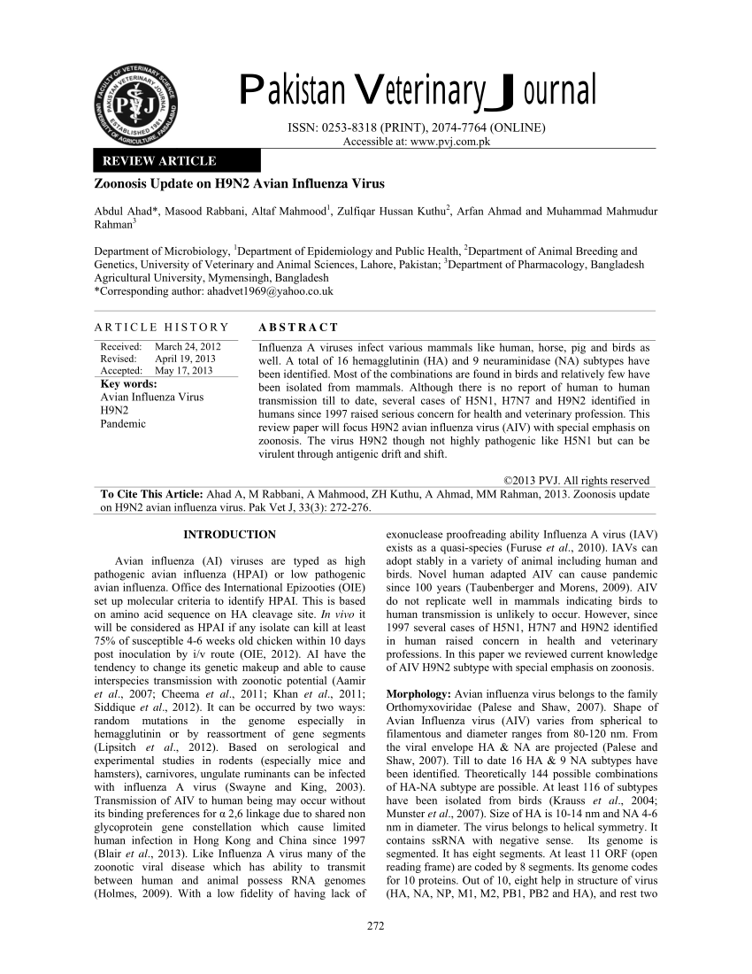 (PDF) Zoonosis Update on H9N2 Avian Influenza Virus