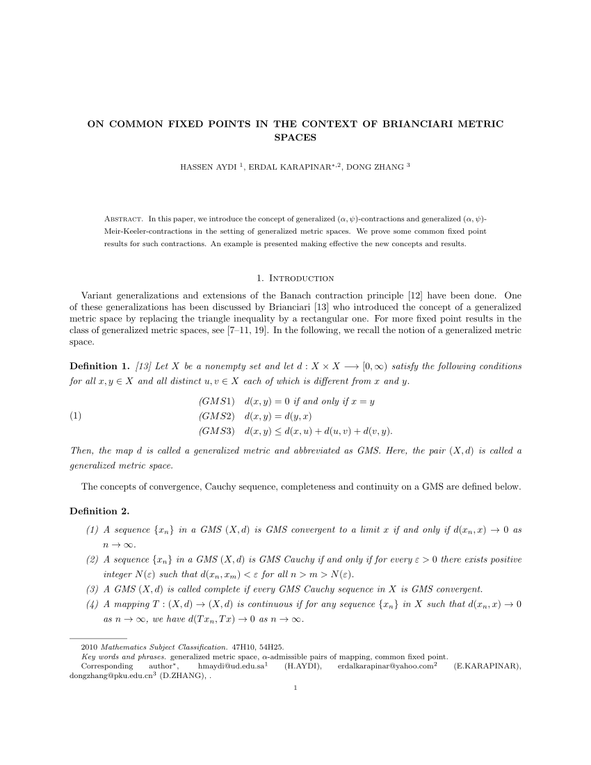 Pdf On Common Fixed Points In The Context Of Brianciari Metric Spaces