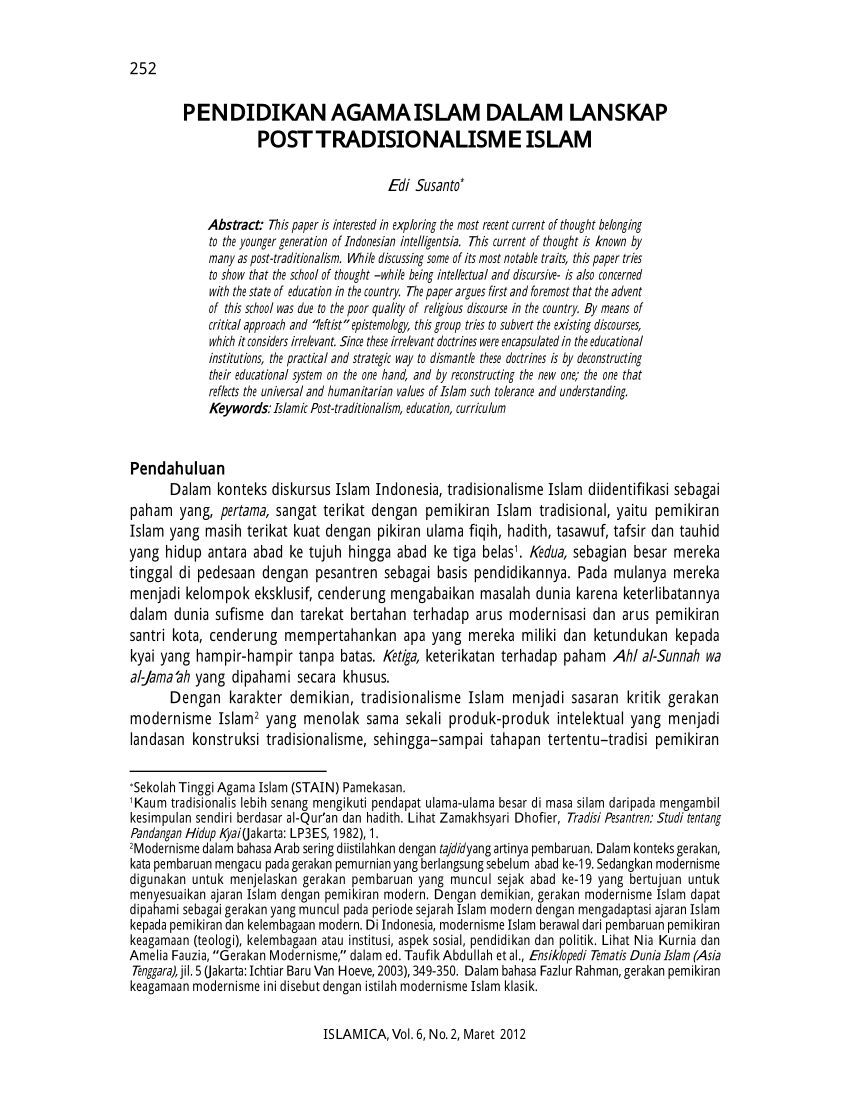 PDF Pendidikan Agama Islam Dalam Lanskap Post Tradisionalisme Islam
