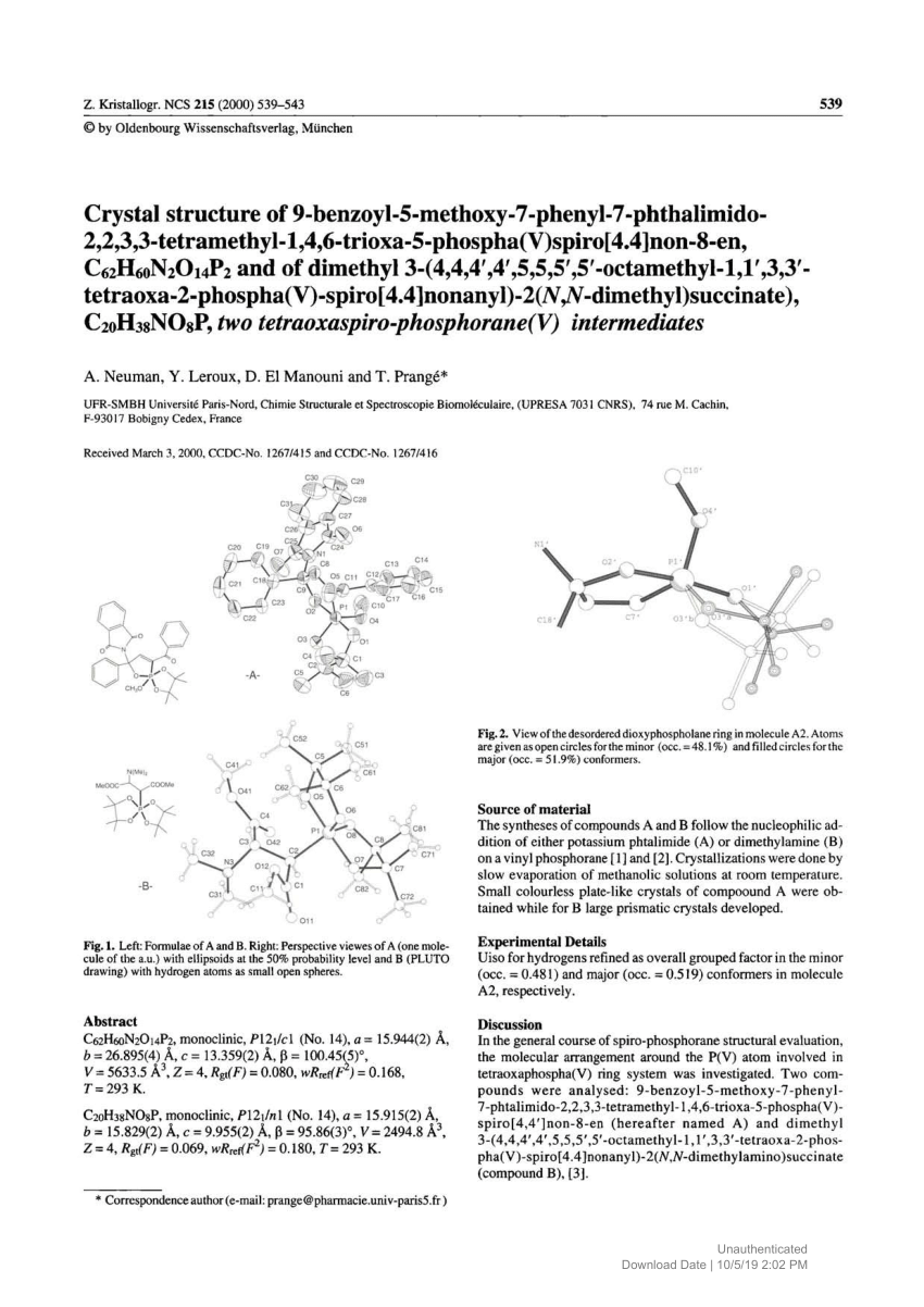 Pdf Crystal Structure Of 9 Benzoyl 5 Methoxy 7 Phenyl 7 Phthalimido 2 2 3 3 Tetramethyl 1 4 6 Trioxa 5 Phospha V Spiro 4 4 Non 8 En C62h60n2o14p2 And Of Dimethyl 3 4 4 4 4 5 5 5 5 Octamethyl 1 1 3 3 Tetraoxa 2 Phospha V Spiro 4 4 Nonanyl 2