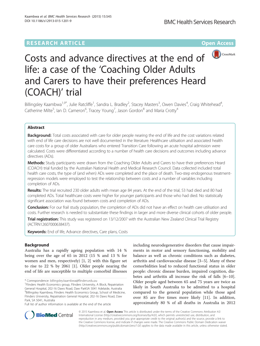 PDF) Costs and advance directives at the end of life A case of the Coaching Older Adults and Carers to have their preferences Heard (COACH) trial