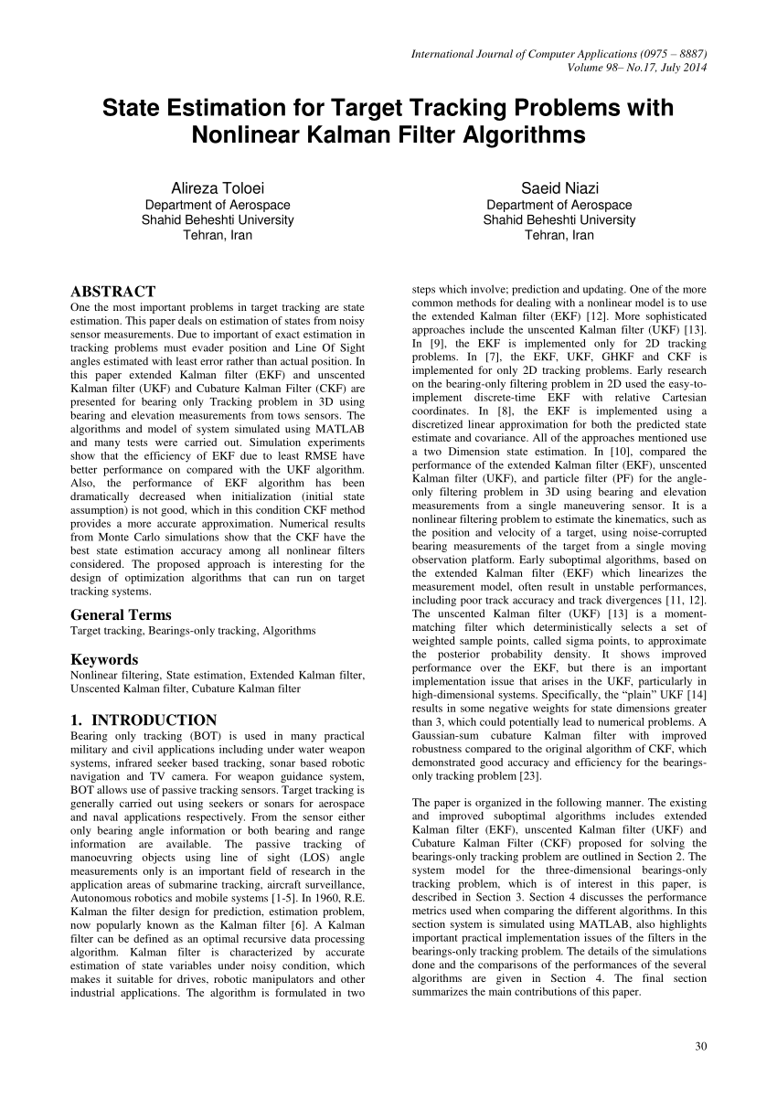 Pdf State Estimation For Target Tracking Problems With Nonlinear Kalman Filter Algorithms