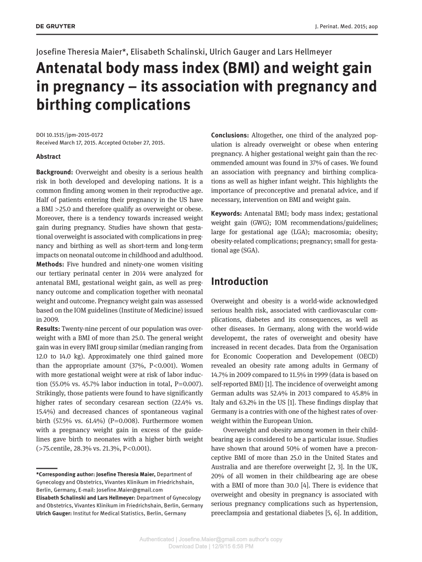 Pdf Antenatal Body Mass Index Bmi And Weight Gain In Pregnancy
