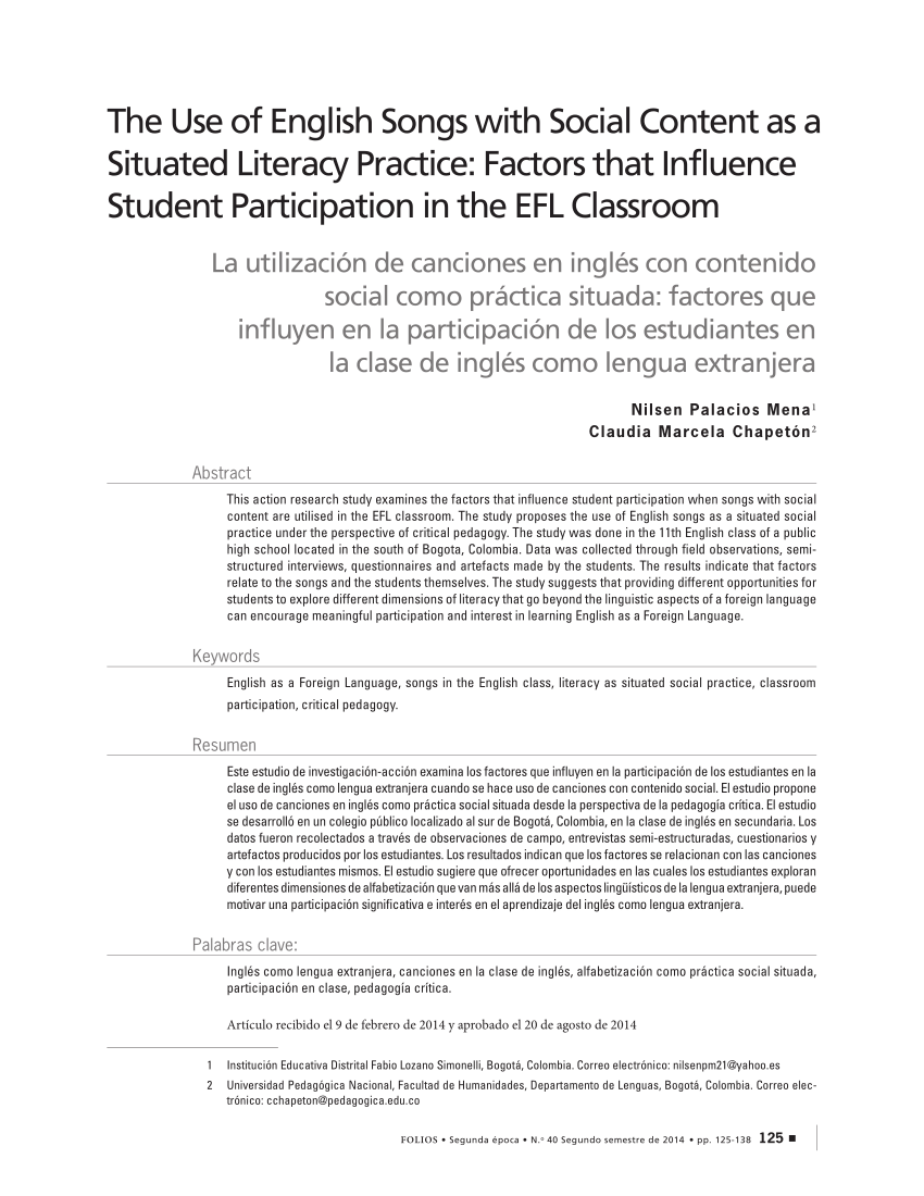 Pdf The Use Of English Songs With Social Content As A Situated Literacy Practice Factors That Influence Student Participation In The Efl Classroom