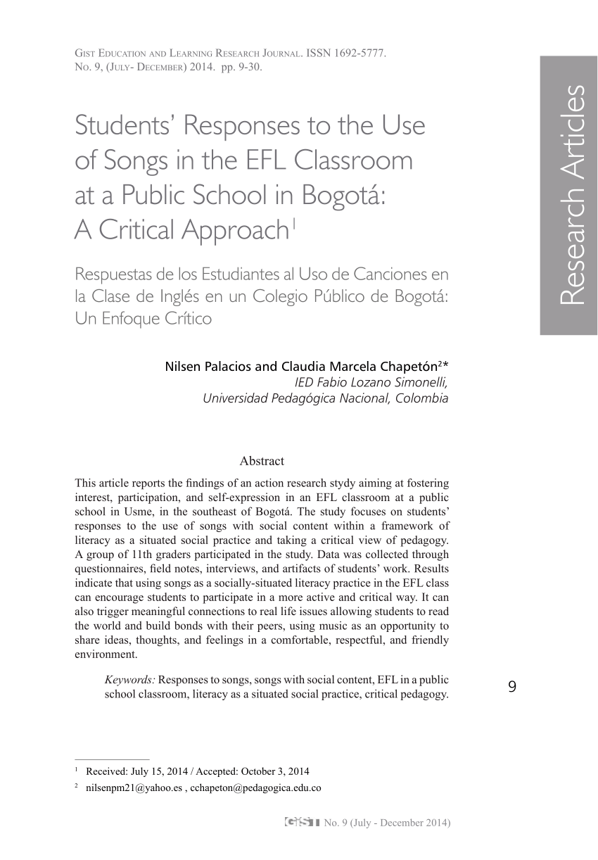 Pdf Students Responses To The Use Of Songs In The Efl Classroom At A Public School In Bogota A Critical Approach