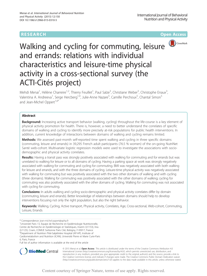 pdf walking and cycling for commuting leisure and errands relations with individual characteristics and leisure time physical activity in a cross sectional survey the acti cites project