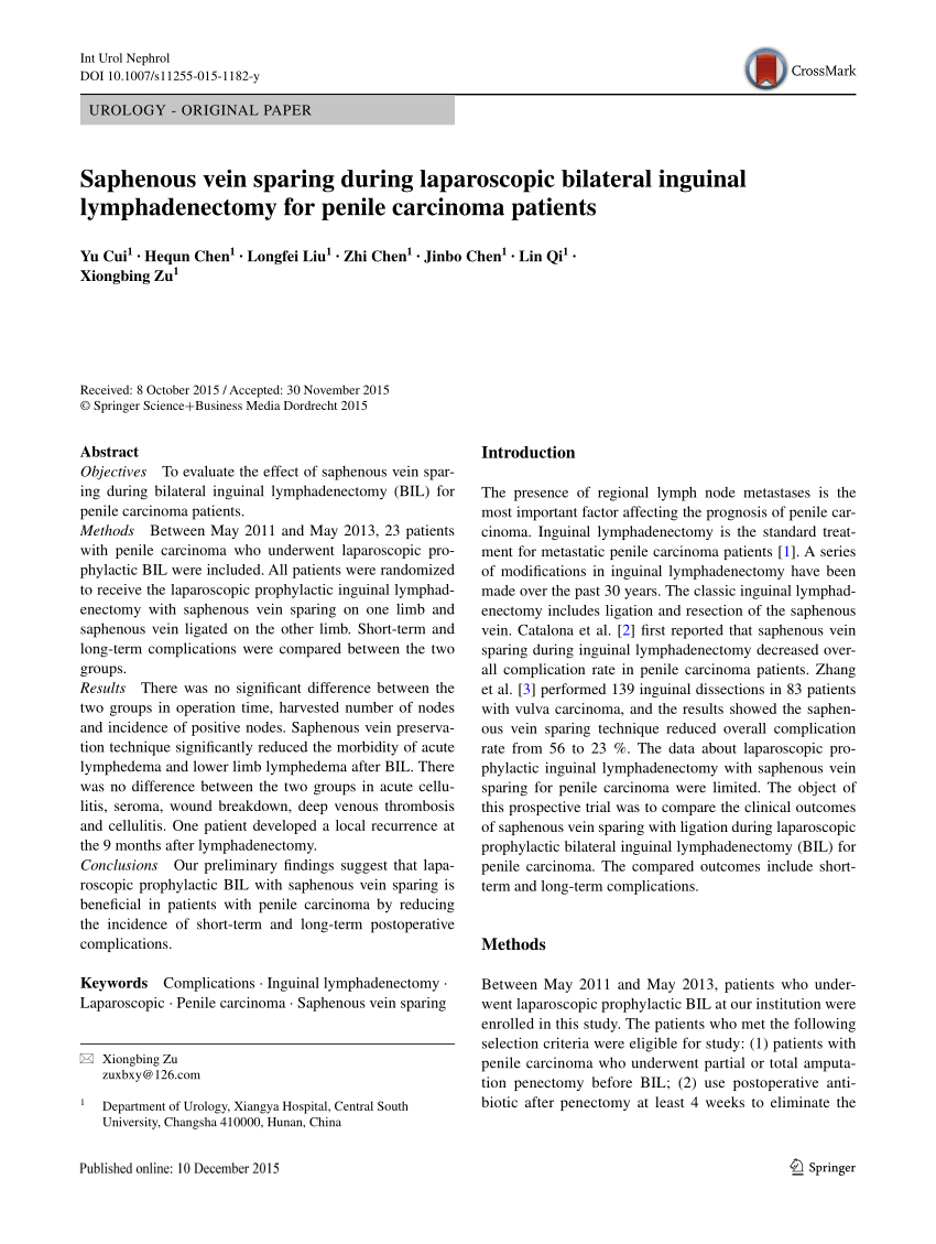 Pdf Saphenous Vein Sparing During Laparoscopic Bilateral Inguinal Lymphadenectomy For Penile 