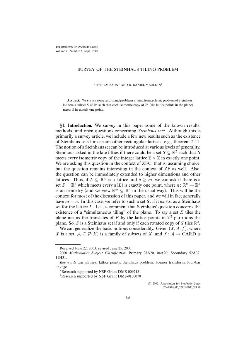 Pdf Survey Of The Steinhaus Tiling Problem