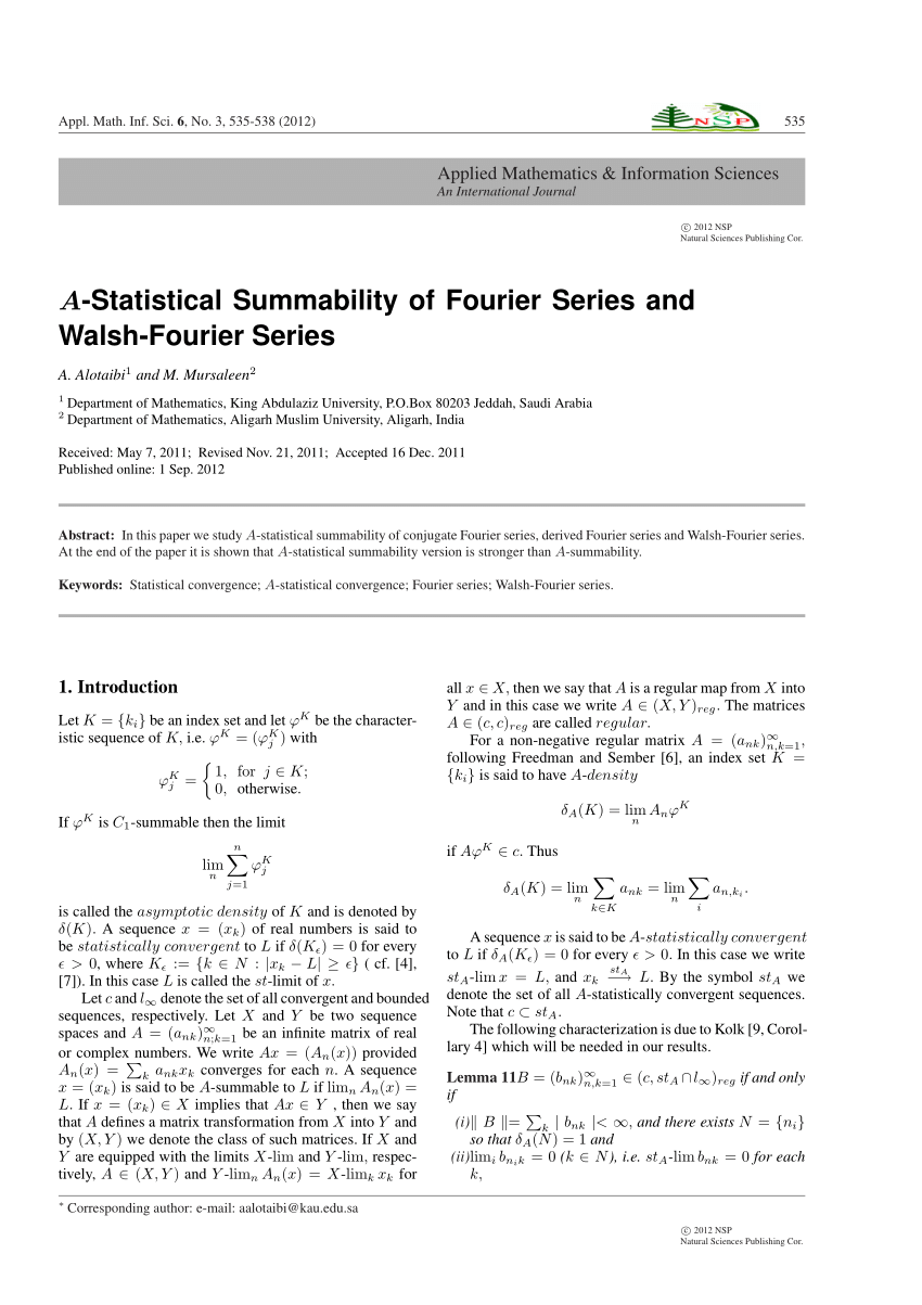 Pdf A Statistical Summability Of Fourier Series And Walsh Fourier Series