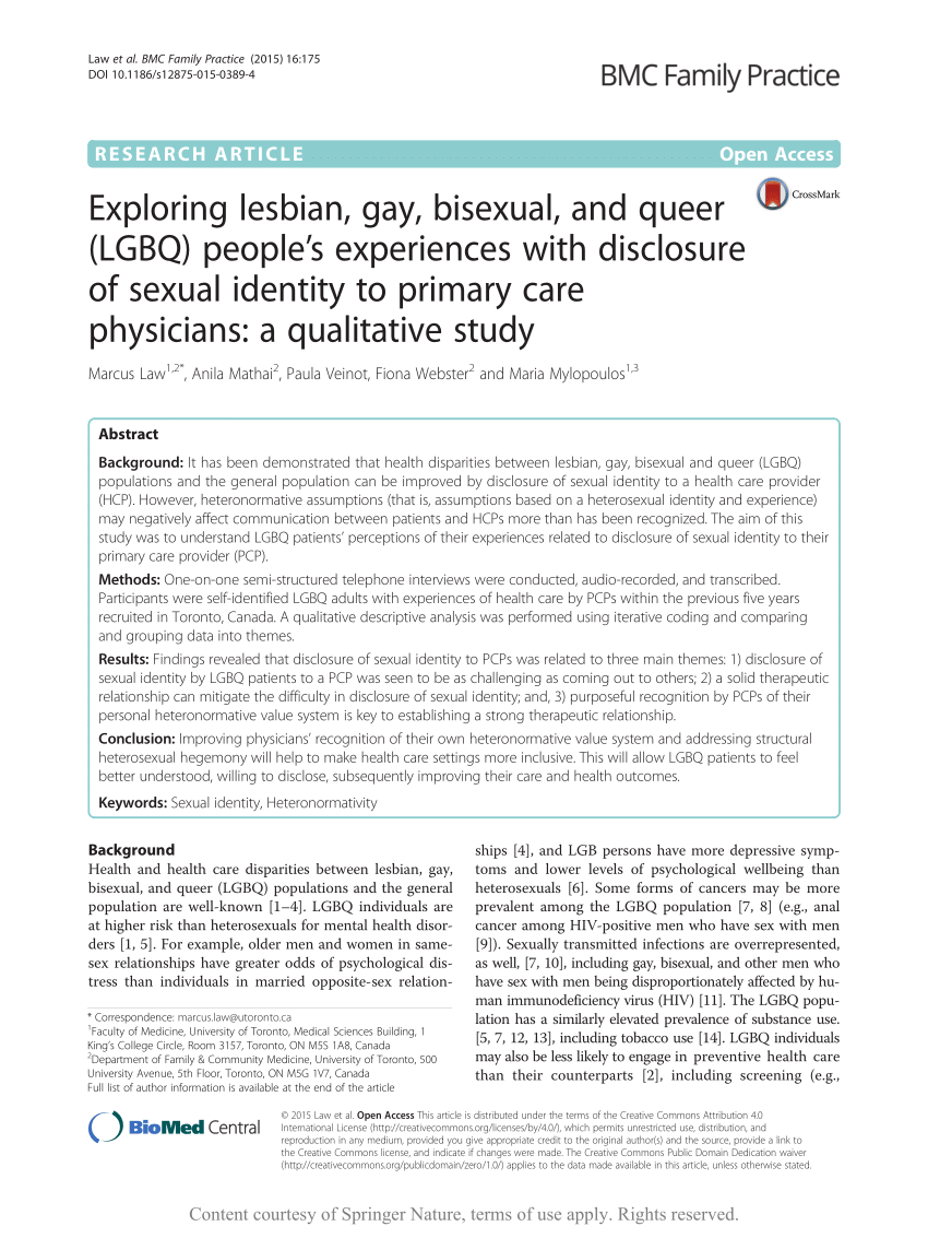 PDF) Exploring lesbian, gay, bisexual, and queer (LGBQ) peoples experiences with disclosure of sexual identity to primary care physicians A qualitative study image picture