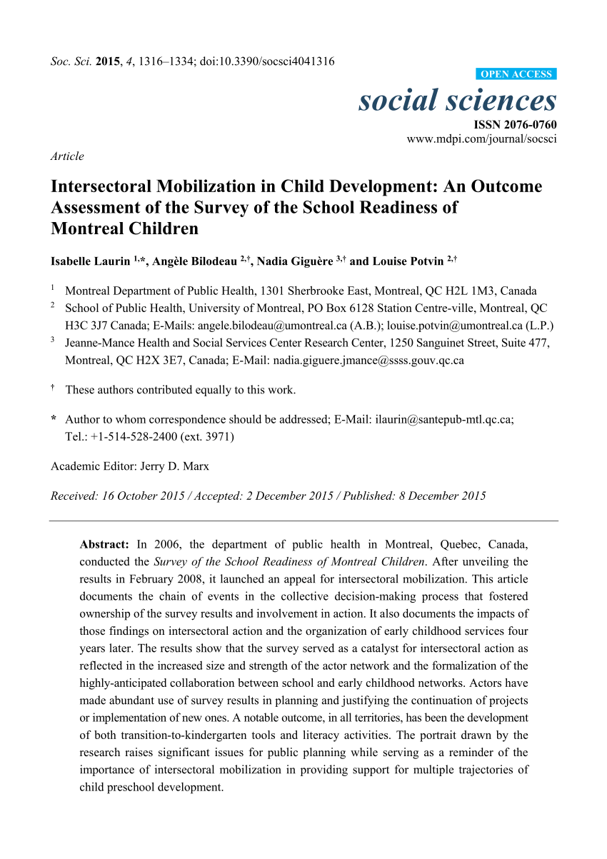 Pdf Intersectoral Mobilization In Child Development An Outcome Assessment Of The Survey Of The School Readiness Of Montreal Children