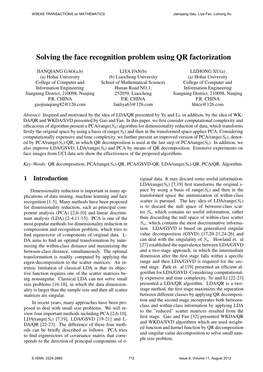 Pdf Solving The Face Recognition Problem Using Qr Factorization