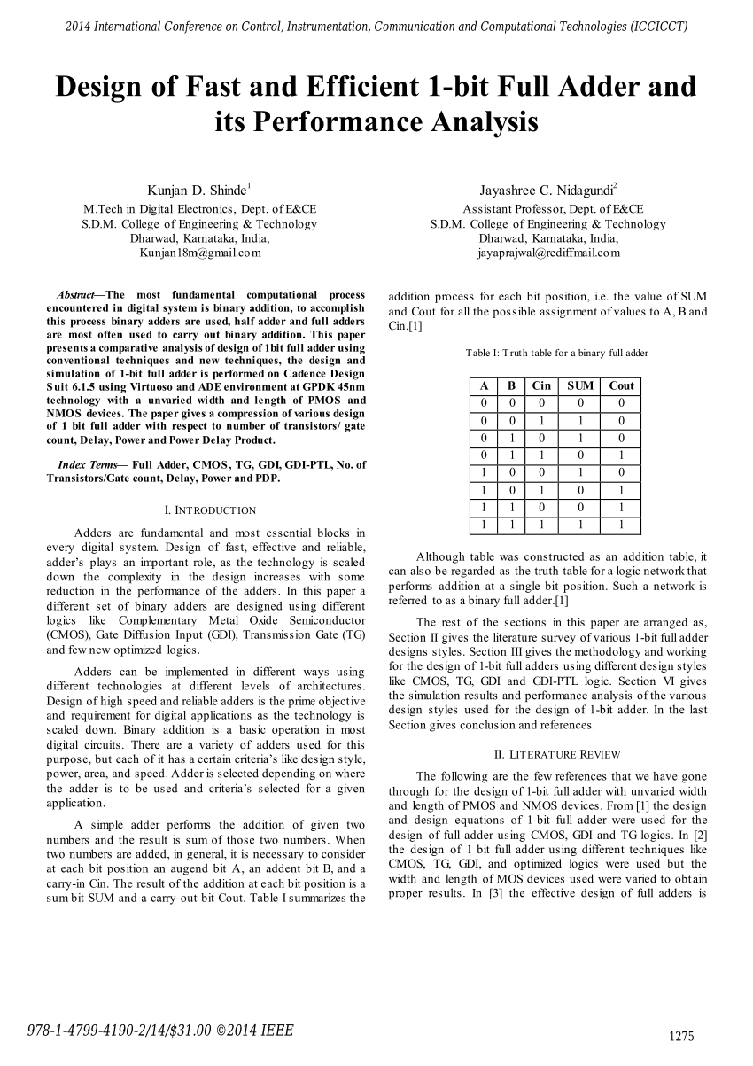 Pdf Design Of Fast And Efficient 1 Bit Full Adder And Its