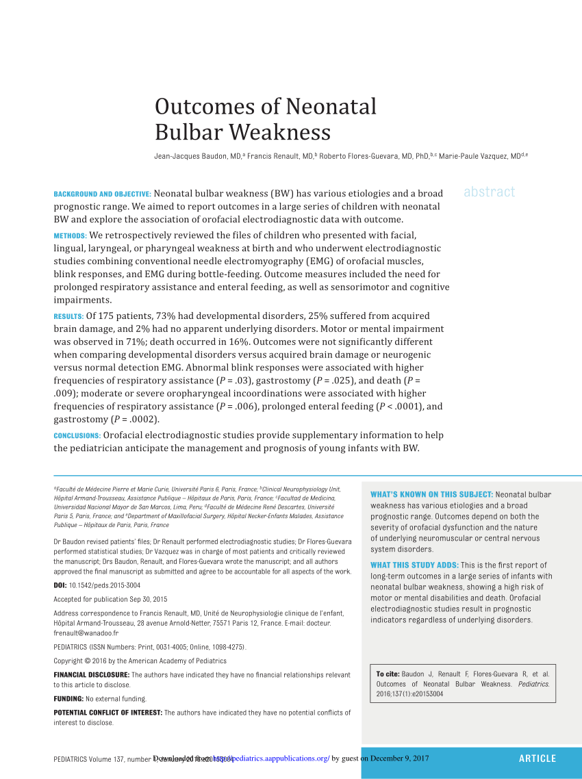 PDF Outcomes Of Neonatal Bulbar Weakness
