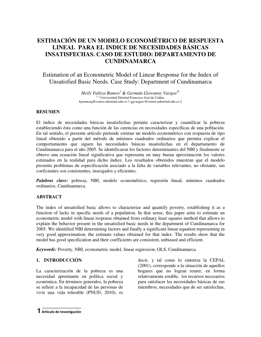 PDF) ESTIMACIÓN DE UN MODELO ECONOMÉTRICO DE RESPUESTA LINEAL POR MÍNIMOS  CUADRADOS ORDINARIOS PARA EL INDICE DE NECESIDADES BÁSICAS INSATISFECHAS.  CASO DE ESTUDIO: DEPARTAMENTO DE CUNDINAMARCA Estimation of an Econometric  Model of