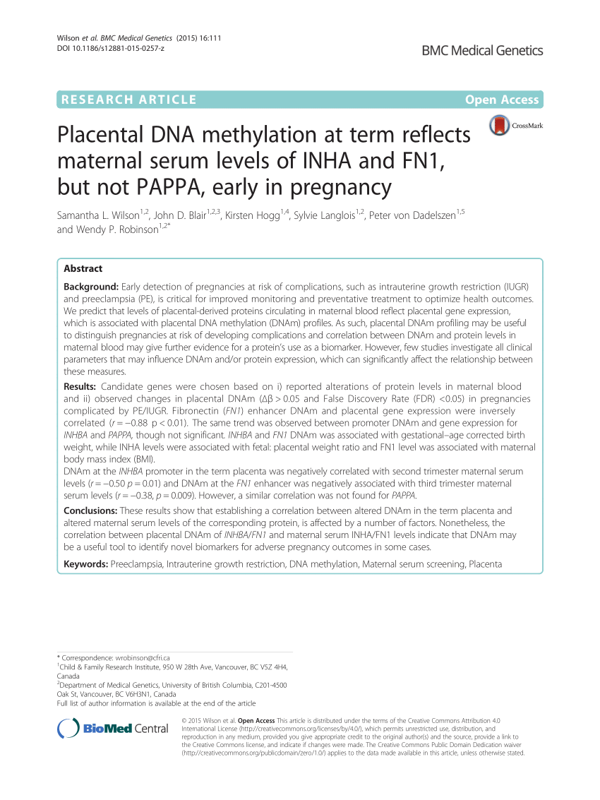 Pdf Placental Dna Methylation At Term Reflects Maternal Serum Levels Of Inha And Fn1 But Not 7988