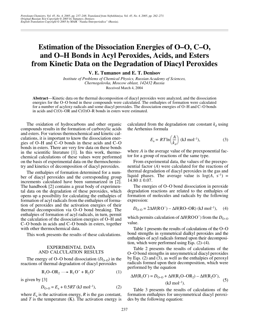 Pdf Estimation Of The Dissociation Energies Of O O C O And O H Bonds In Acyl Peroxides Acids And Esters From Kinetic Data On Degradation Of Diacyl Peroxides