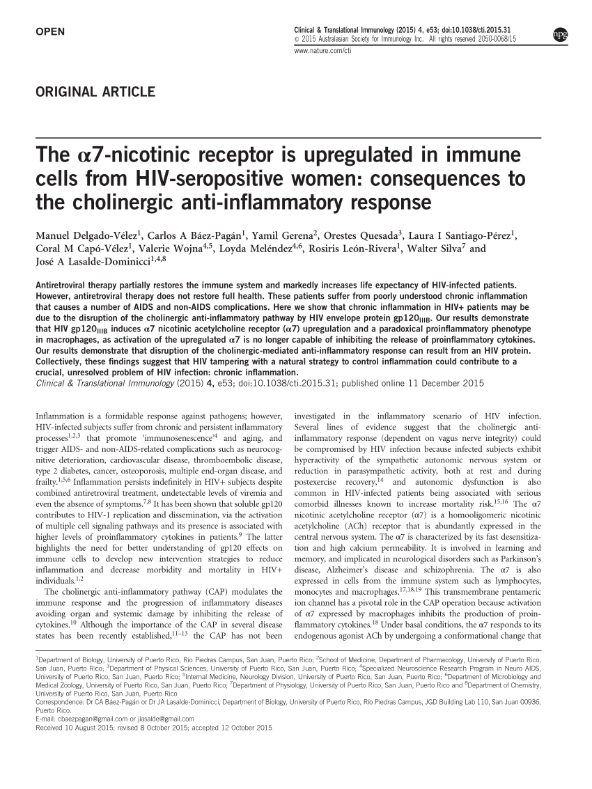 Pdf The 7 Nicotinic Receptor Is Upregulated In Immune Cells From Hiv Seropositive Women Consequences To The Cholinergic Anti Inflammatory Response