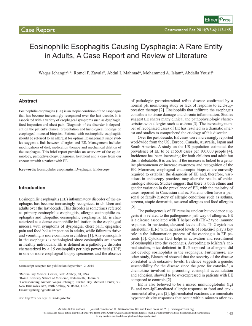 Pdf Eosinophilic Esophagitis Causing Dysphagia A Rare Entity In Adults A Case Report And 8928