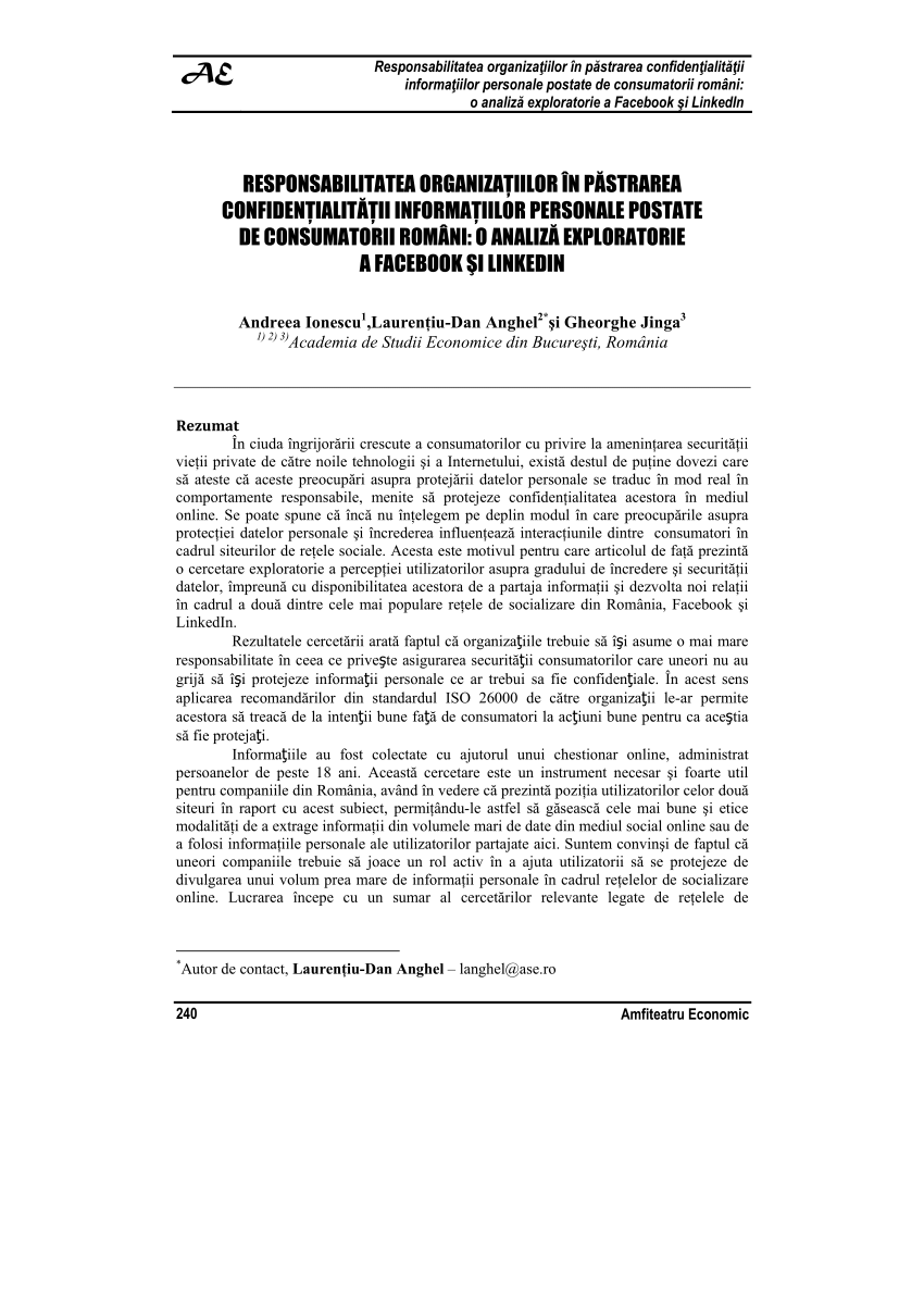 PDF) Responsabilitatea organizaţiilor în pǎstrarea confidenţialitǎţii personale postate de consumatorii O analizǎ exploratorie a linkedin