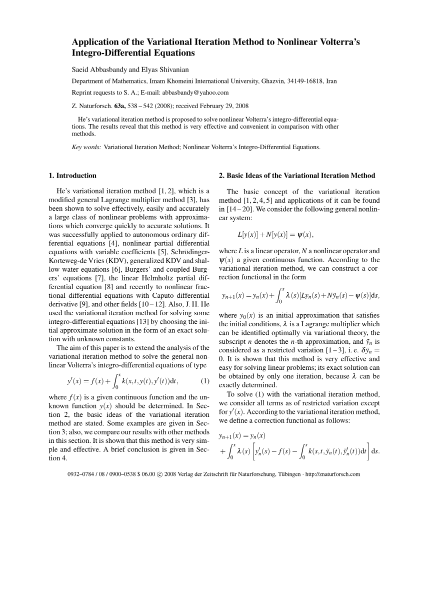 Pdf Application Of The Variational Iteration Method For System Of Nonlinear Volterra S Integro Differential Equations