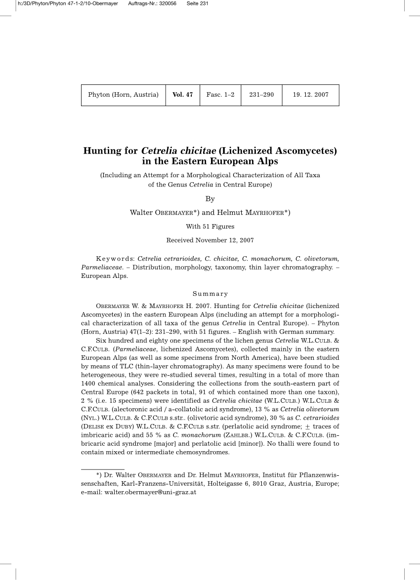 Pdf Hunting For Cetrelia Chicitae Lichenized Ascomycetes In The