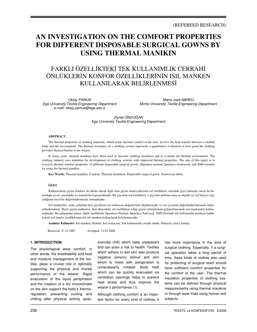 Pdf An Investigation On The Comfort Properties For Different