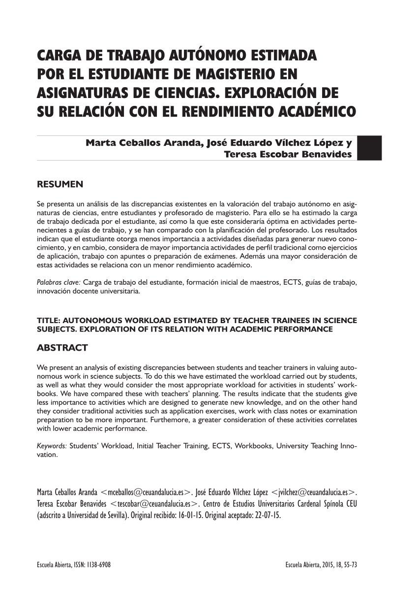 Pdf Carga De Trabajo Autonomo Estimada Por El Estudiante De Magisterio En Asignaturas De Ciencias Exploracion De Su Relacion Con El Rendimiento Academico