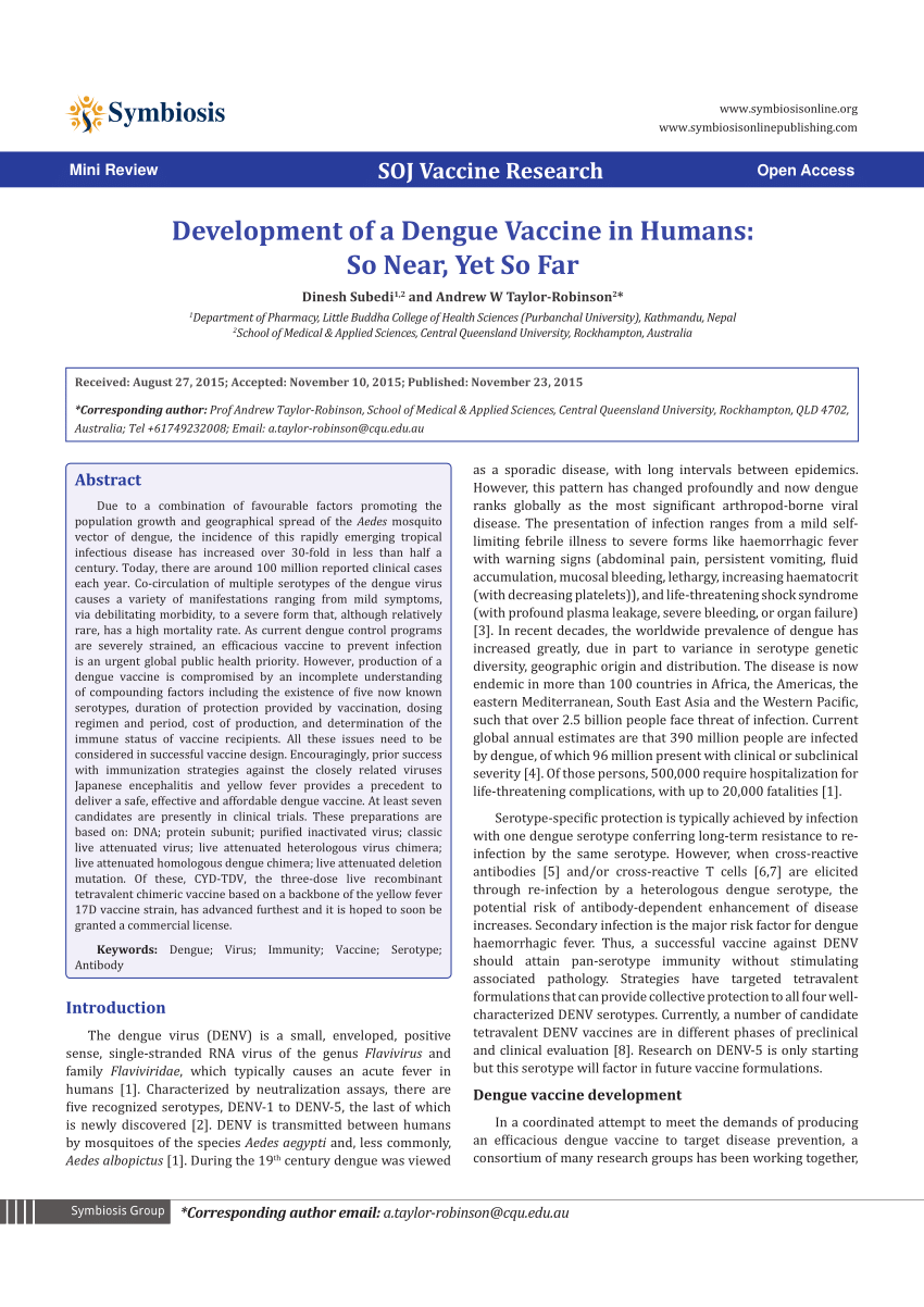 (PDF) Development of a Dengue Vaccine in Humans: So Near, Yet So Far